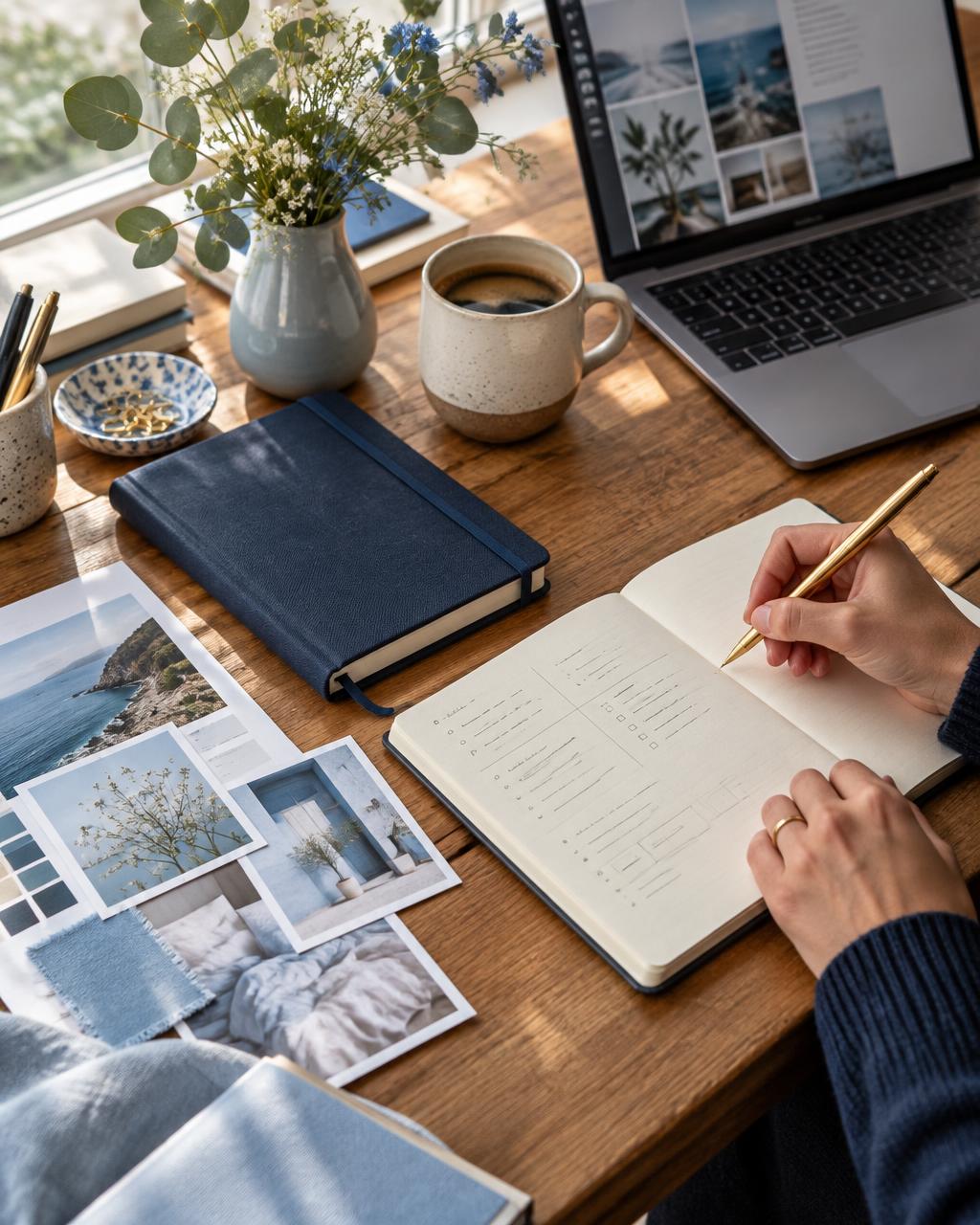 Illustrative creative studio scene: hands planning content with a notebook, coffee and laptop